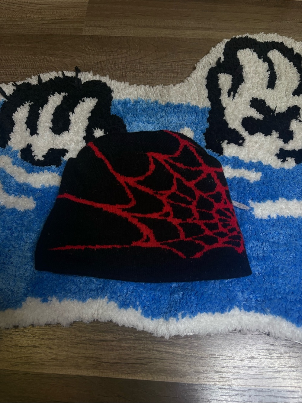 Black & Red Spider Web Knit Beanie Hat - Men
